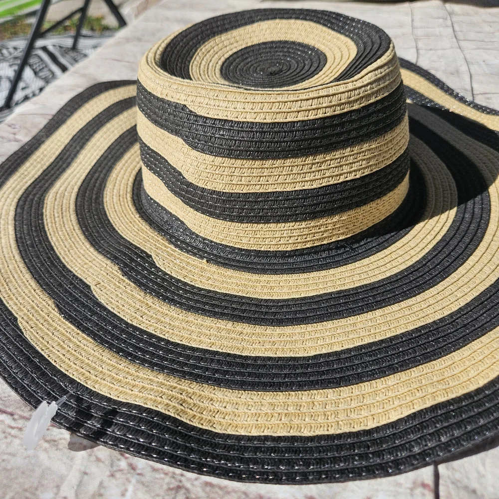 J.Crew Floppy Sun Hat Striped Wide Brim Beach Black Tan Natural Straw Boho